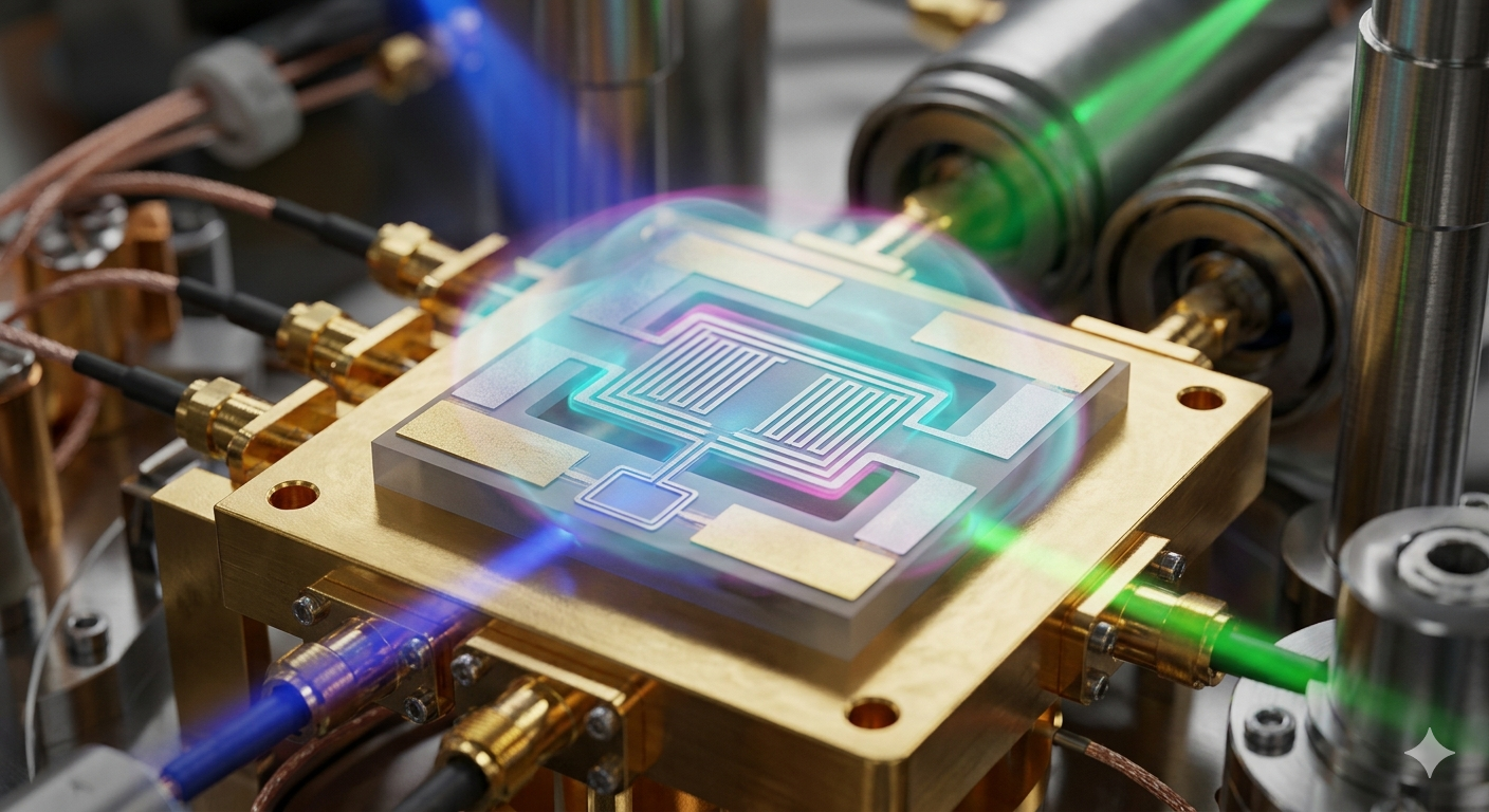A detailed microscopic view of an experimental quantum acoustic resonator resting on a sapphire substrate within a dilution refrigerator environment. Focused lasers illuminate the device, causing the engineered piezoelectric structure to emit a subtle, glowing 'quantum resonance aura' that interacts delicately with the surrounding microwave vacuum. The scene includes cryo-hardware and stainless steel components. This illustrates an actual quantum resonance experiment.